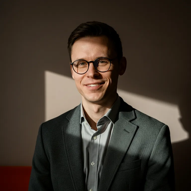 Young man with short brown hair and glasses wearing a gray blazer and light shirt smiling against a dark background with light shadow patterns.